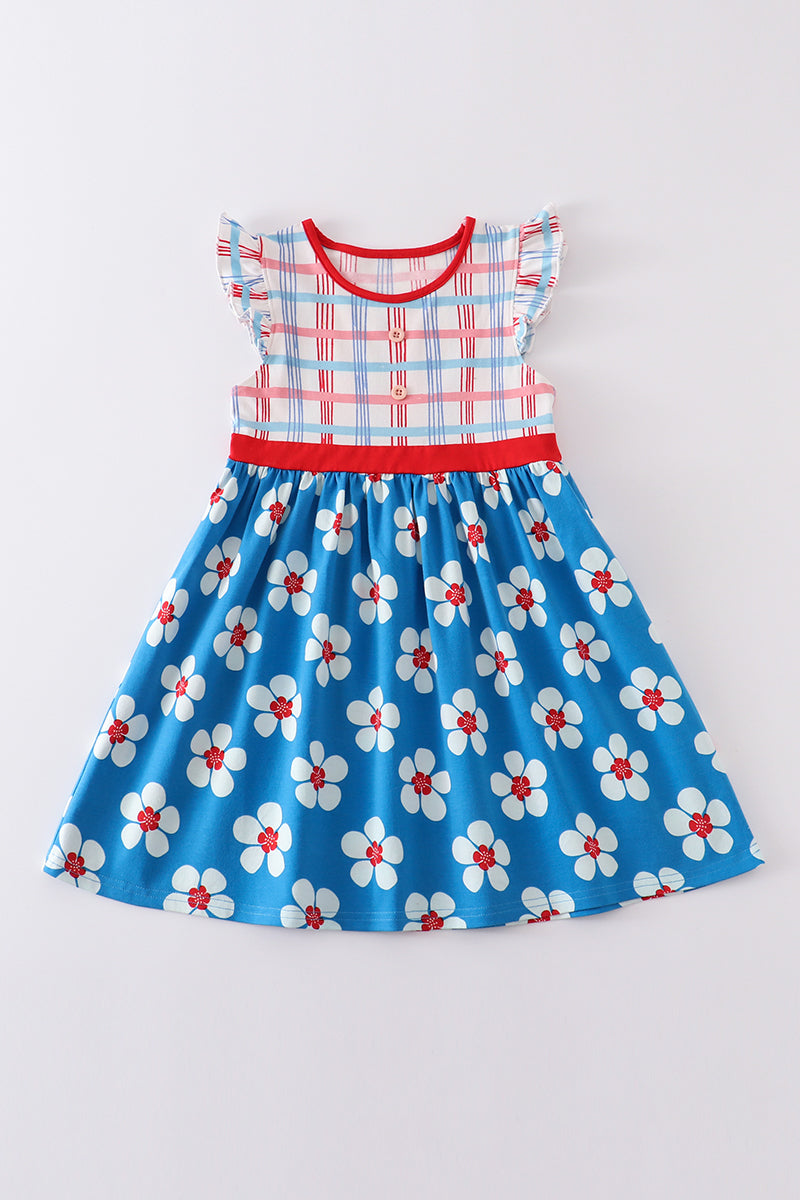 Platinum Blue & White floral print ruffle plaid dress 5 Platinum Blue & White floral print ruffle plaid dress 5