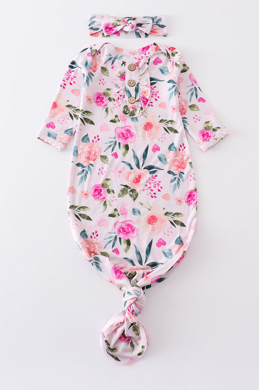 Pink floral print bamboo baby gown