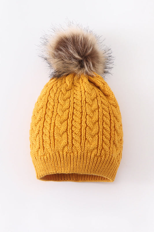 Mustard cable knit pom pom beanie hat baby toddler adult