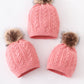 Bubblegum pink cable knit pom pom beanie hat baby toddler adult