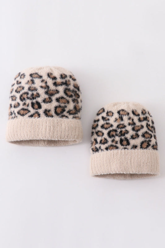 Beige leopard beanie hat toddler adult