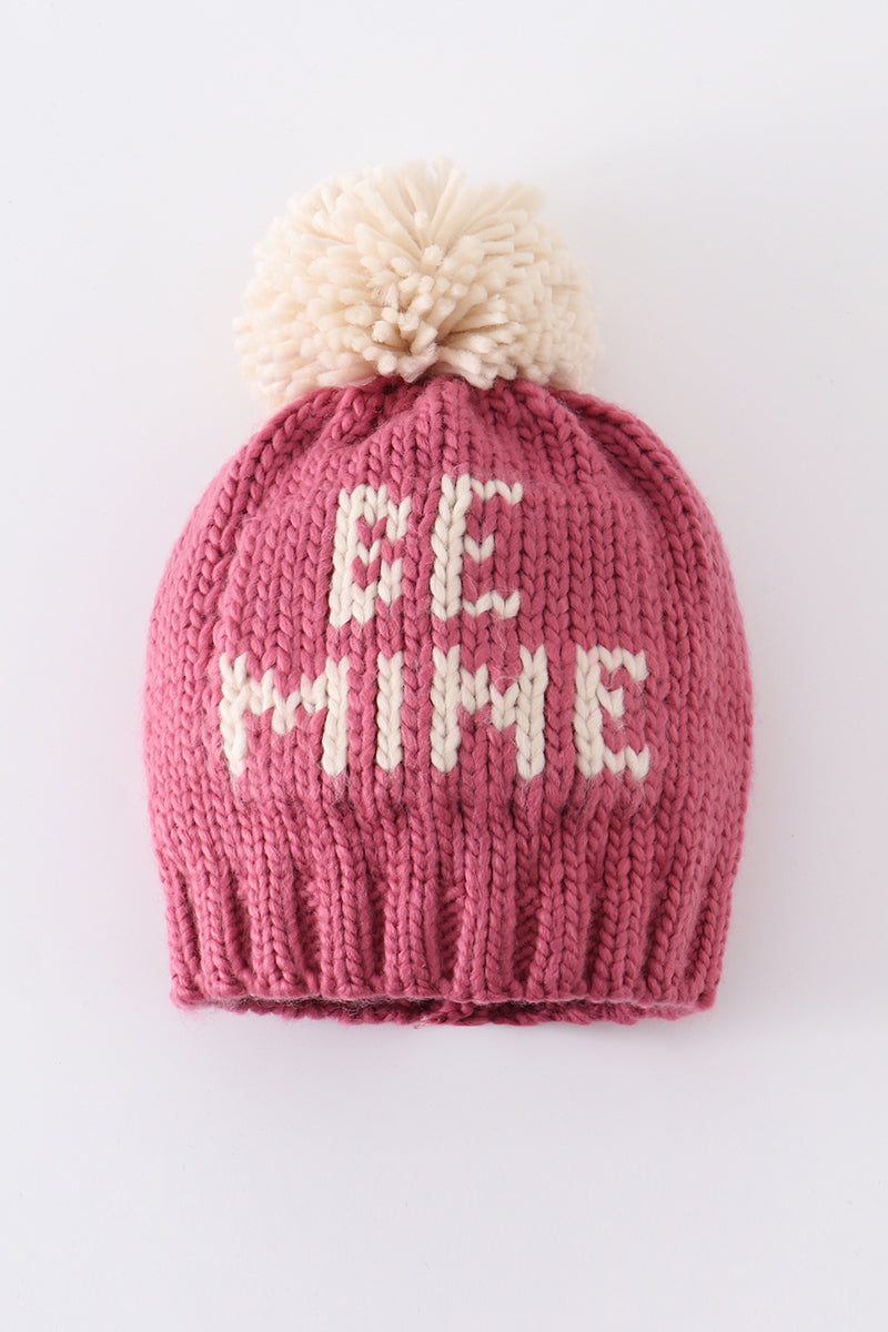 Pink BE MINE knit beanie pom pom hat