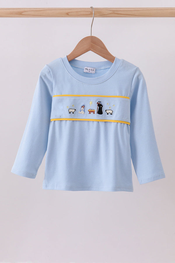 Blue nativity embroidery top