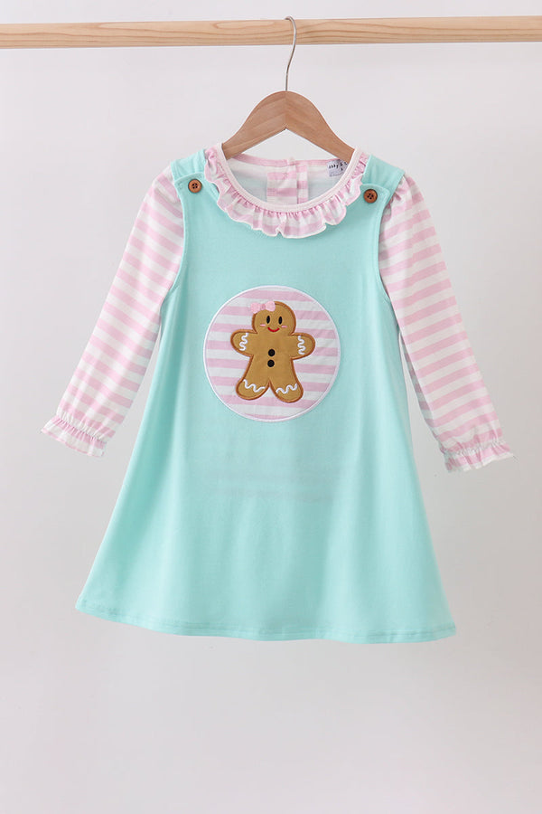 Blue gingerbread applique ruffle dress