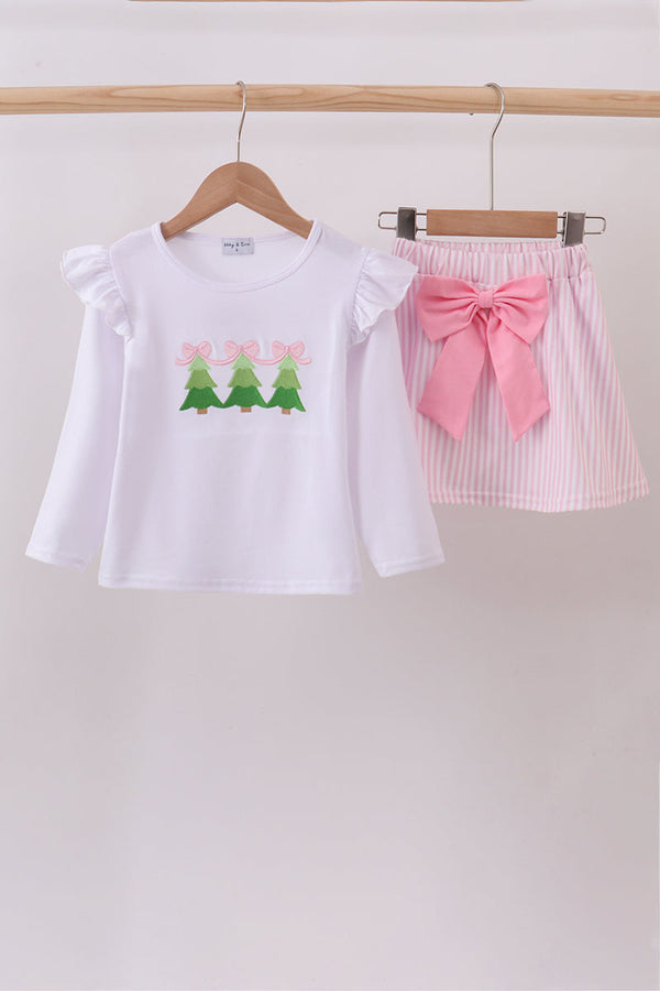 Pink christmas tree embroidery skorts set