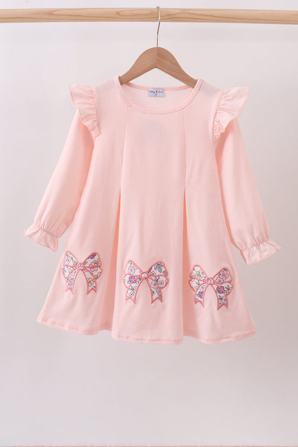 Pink floral bow applique ruffle dress