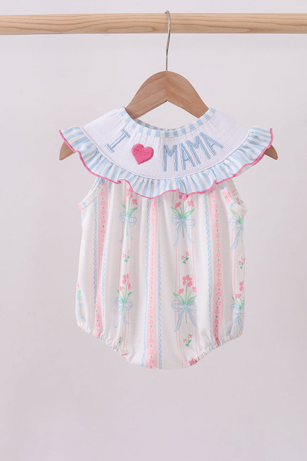 Blue floral I love MAMA smocked ruffle bubble
