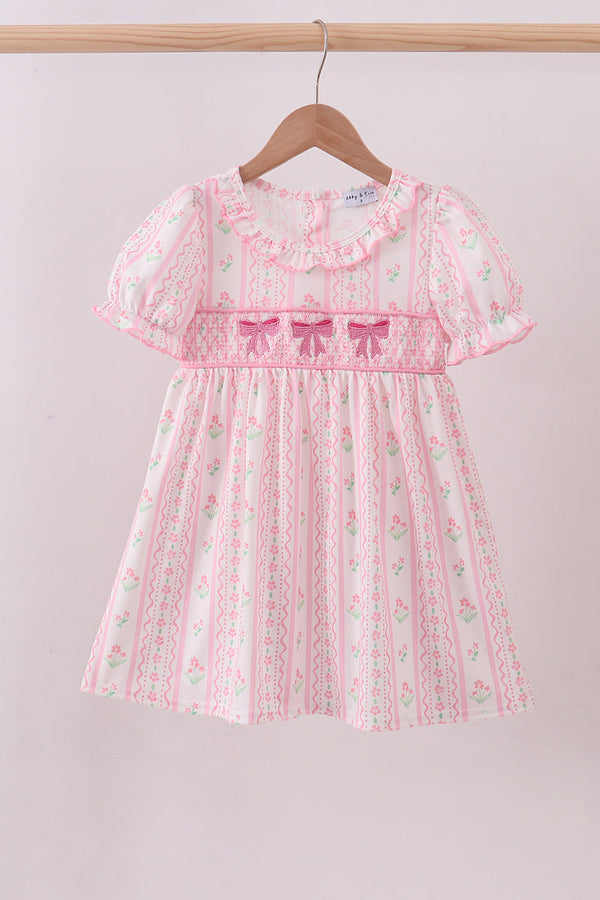 Pink floral bow smocked dress