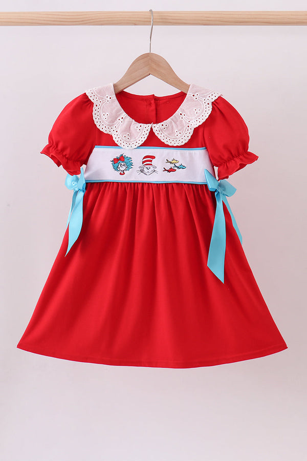 Red character embroidery bow dress