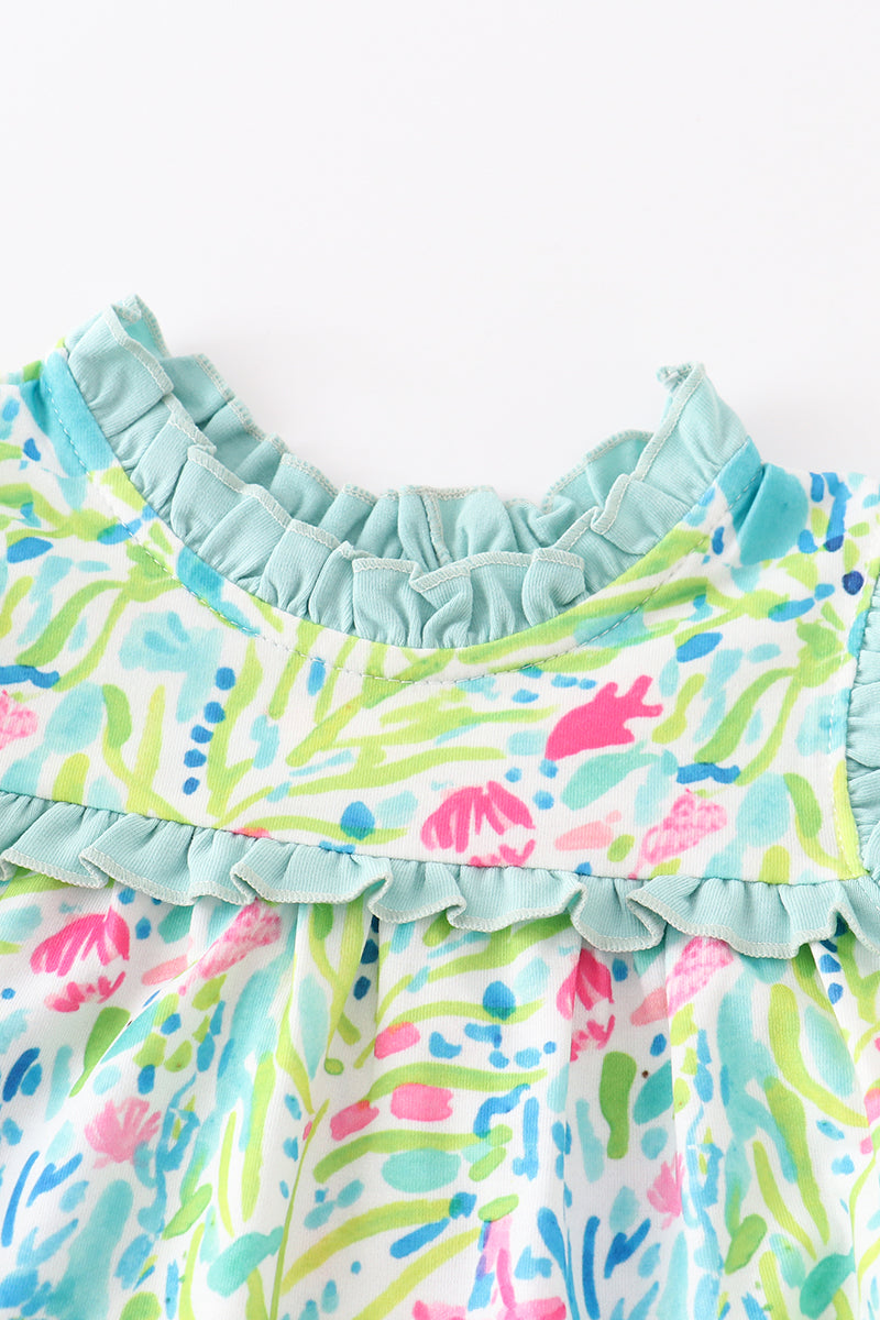 Green lily print ruffle girl baby gown