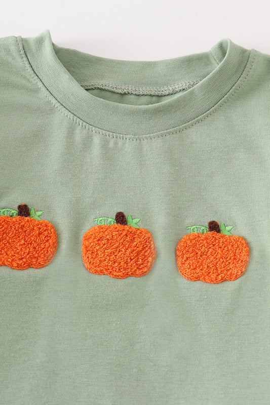 Green plaid french knot pumpkin boy set