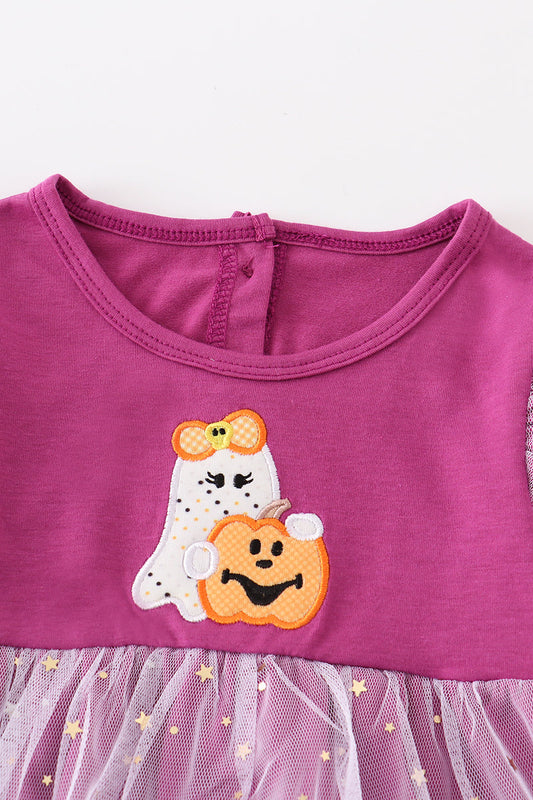 Purple halloween ghost pumpkin applique girl bubble