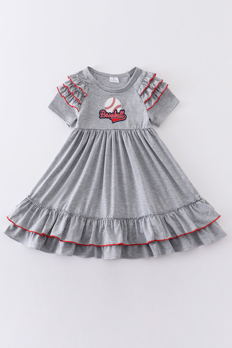 Grey baseball applique ruffle dress