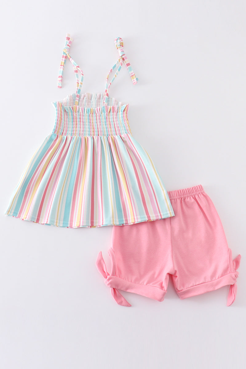 Pink stripe smocked strap girl set