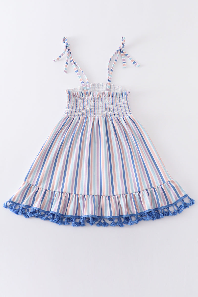 Blue stripe smocked strap dress