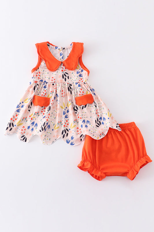 Orange floral print baby bloomers set