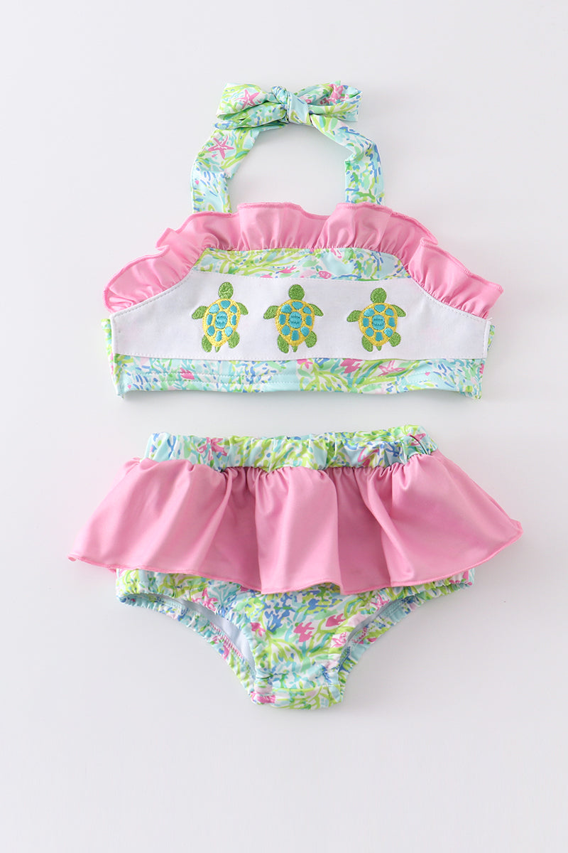 Lily print turtle embroidery girl 2pcs swimwear