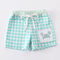 Green plaid crab embroidery boy swim trunks