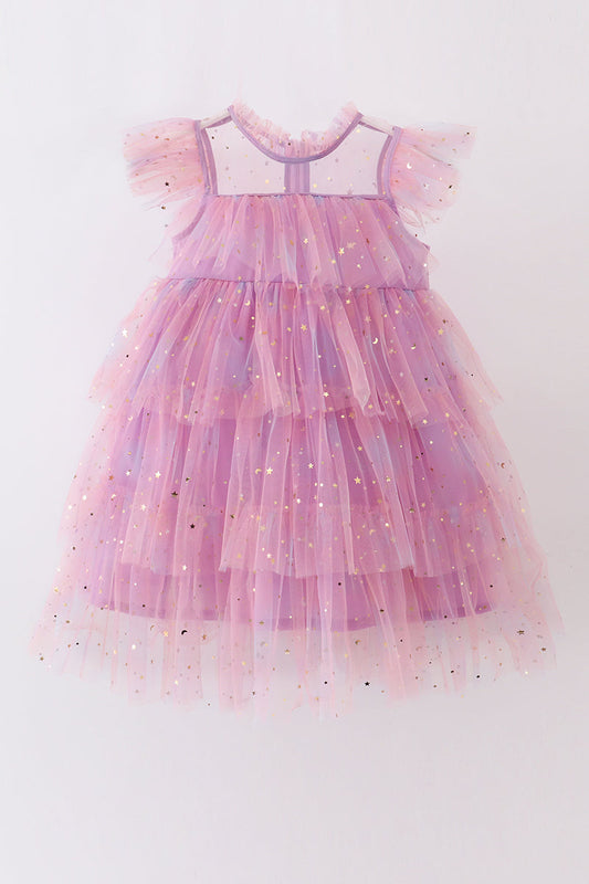 Pink star tiered ruffle tulle dress