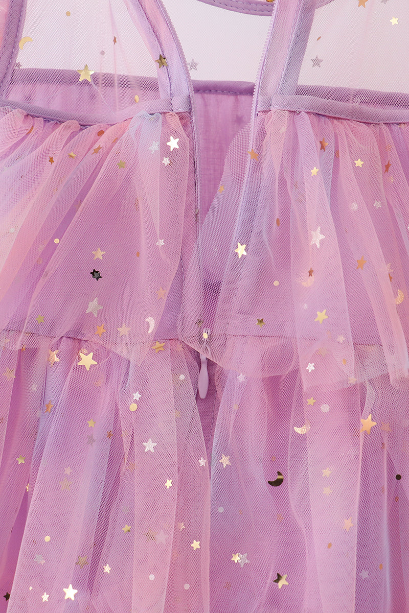 Pink star tiered ruffle tulle dress