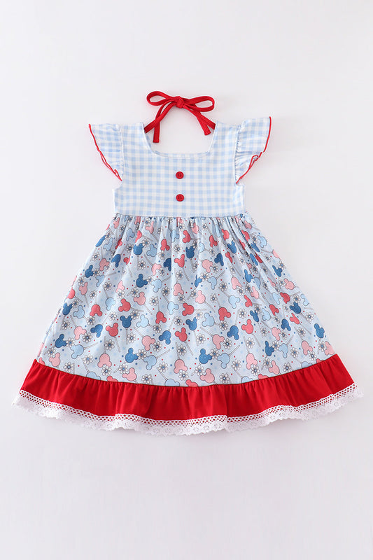 Patriotic day character print plaid ruffle dress