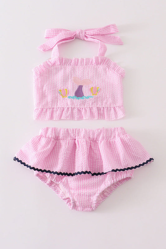 Pink seersucker mermaid embroidery 2pc girl swimsuit