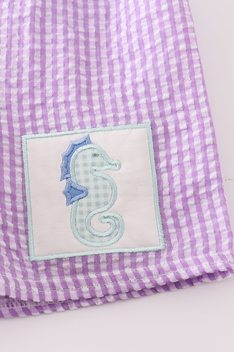 Purple seersucker seahorse embroidery boy swim trunks