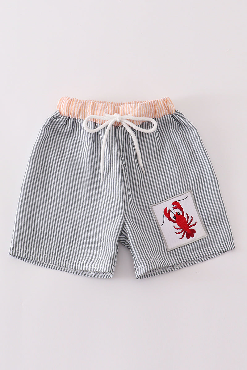 Green seersucker lobster embroidery boy swim trunks