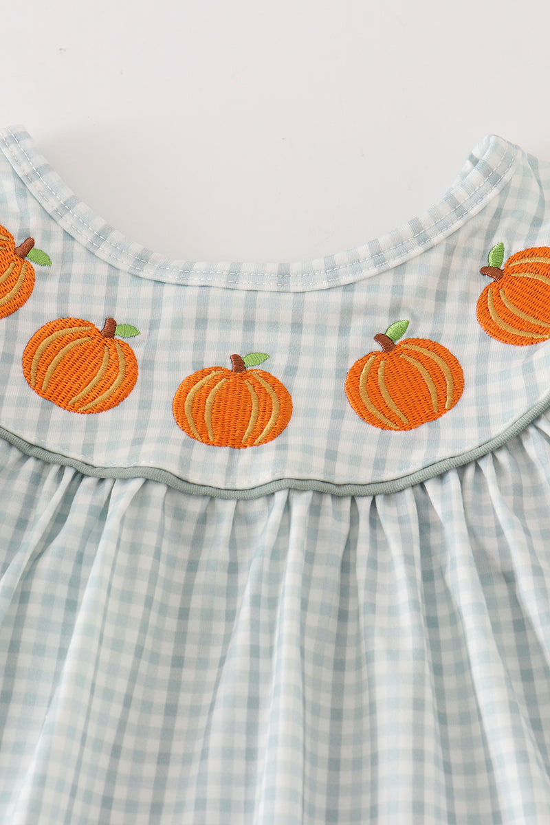 Green pumpkin embroidery check dress