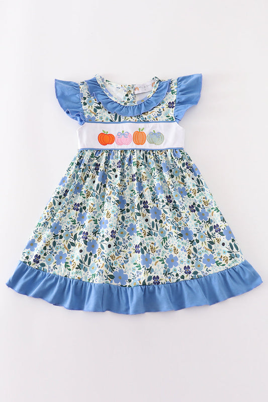 Blue floral pumpkin embroidery ruffle dress