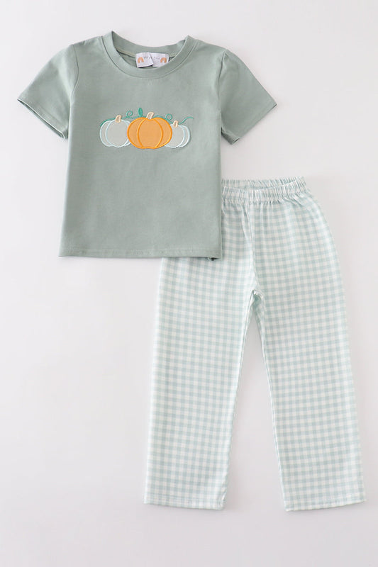 Green pumpkin embroidery plaid boy set