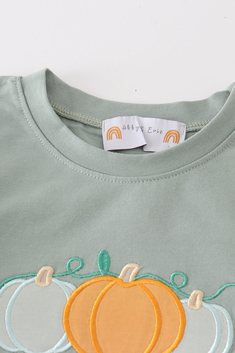 Green pumpkin embroidery plaid boy set