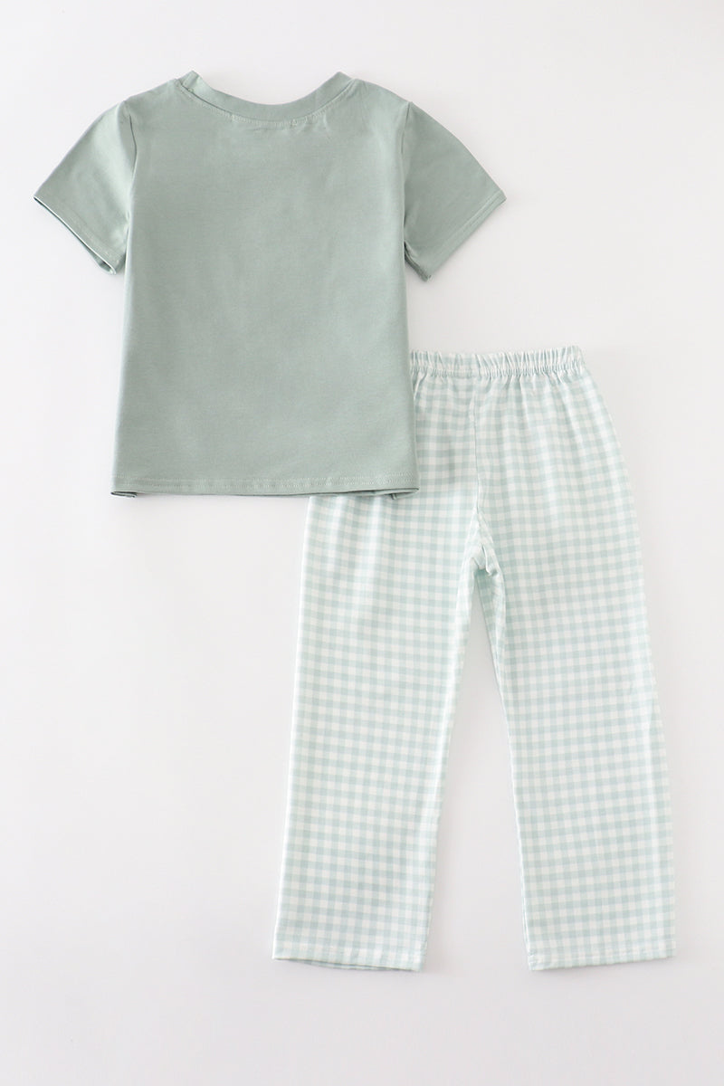 Green pumpkin embroidery plaid boy set