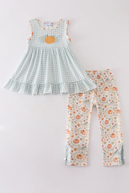 Green pumpkin print girl ruffle set