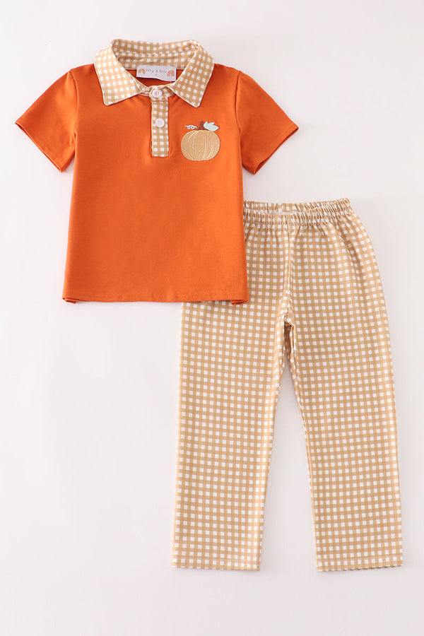 Brown pumpkin embroidery plaid boy set