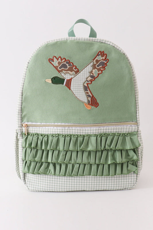 Green camouflage duck applique ruffle girl bag