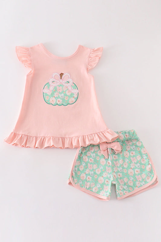 Pink floral pumpkin applique girl set