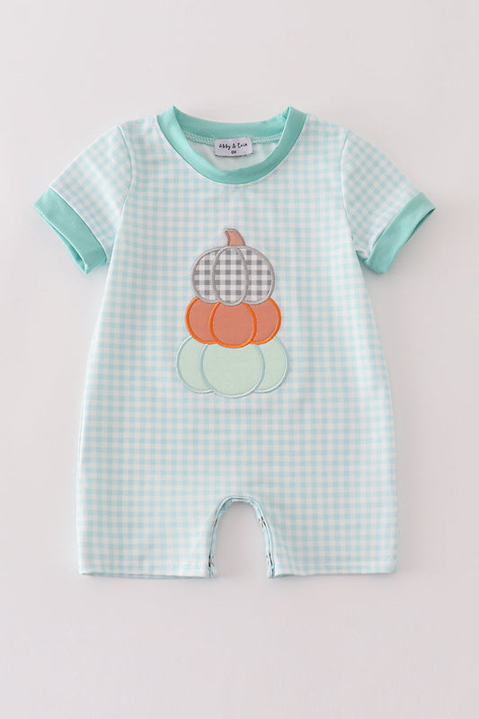 Blue pumpkin applique plaid boy romper