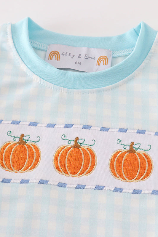 Blue plaid pumpkin embroidery boy bubble