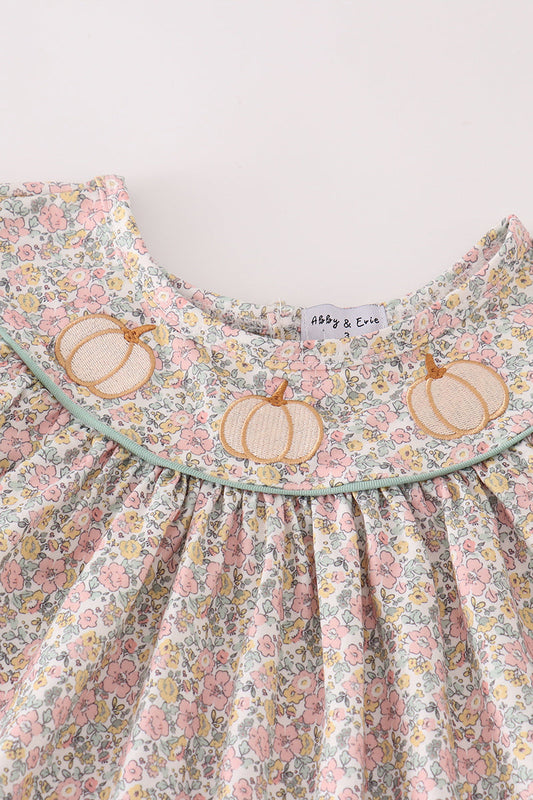 Pink floral print pumpkin embroidery girl ruffle set