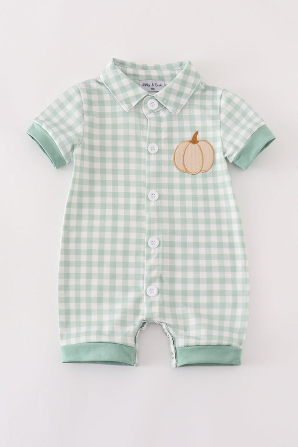 Green gingham pumpkin embroidery boy romper