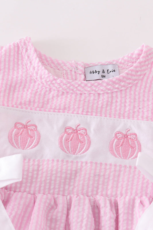 Pink pumpkin embroidery seersucker baby set