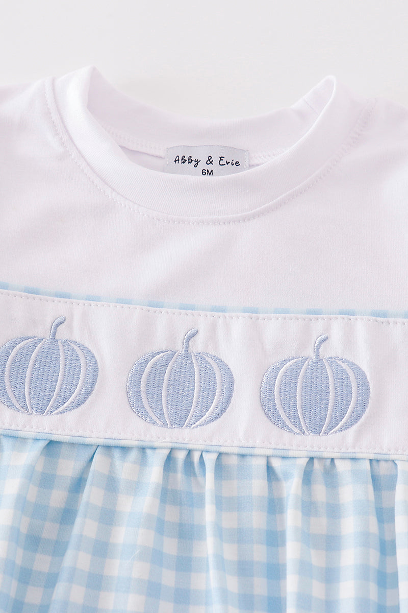 Blue pumpkin embroidery plaid boy bubble