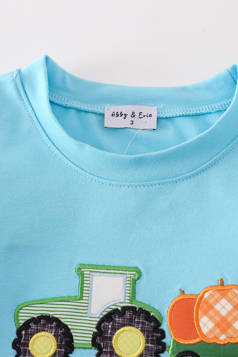 Blue truck pumpkin applique boy top