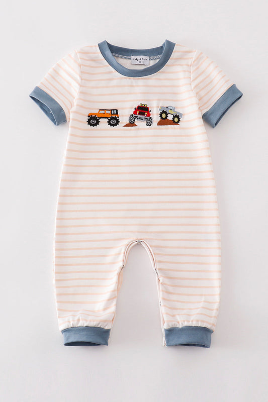 Stripe vehicle embroidery boy romper