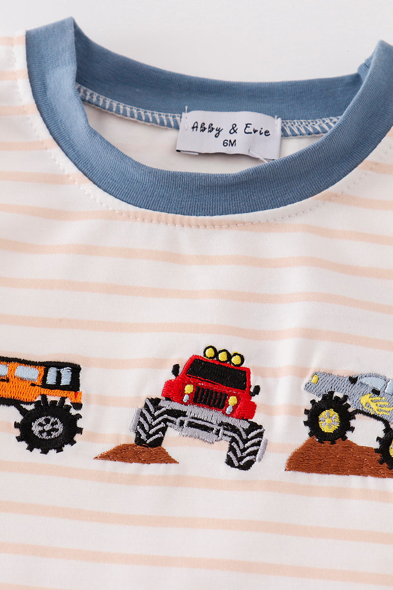 Stripe vehicle embroidery boy romper