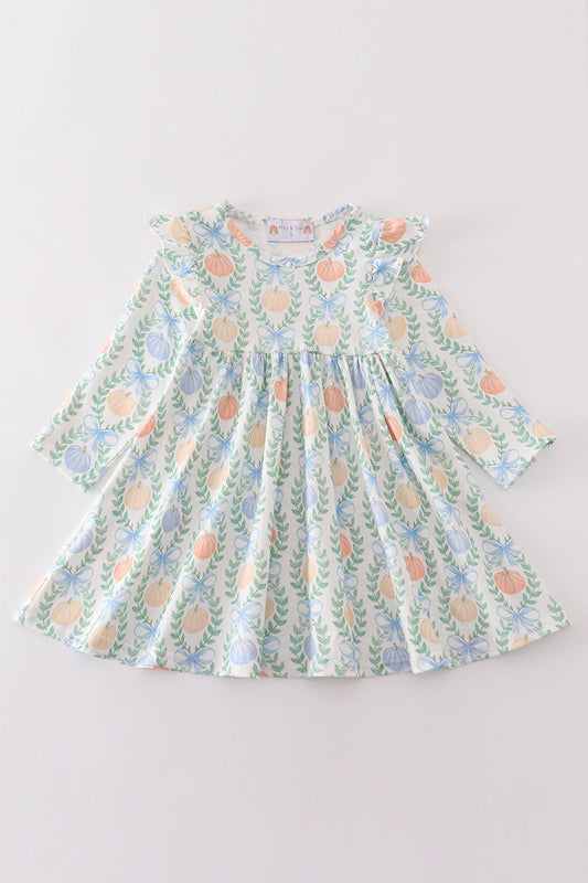 Green pumpkin bow print dress