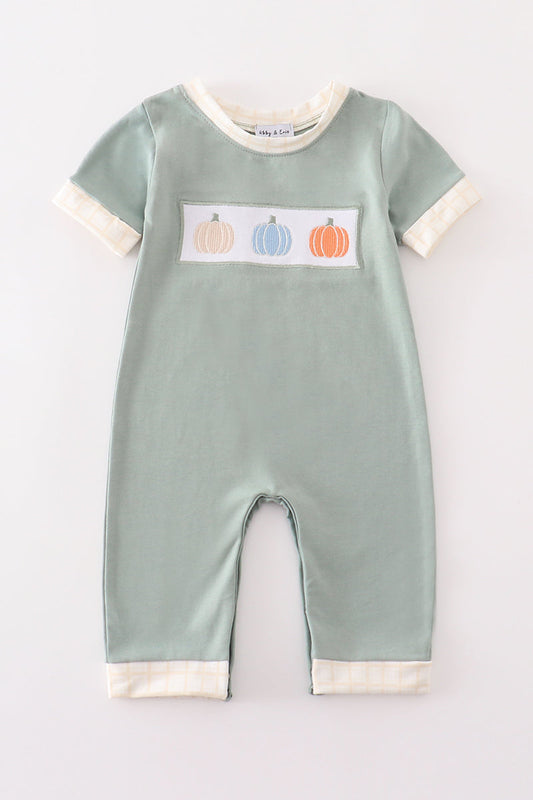 Green pumpkin embroidery boy romper