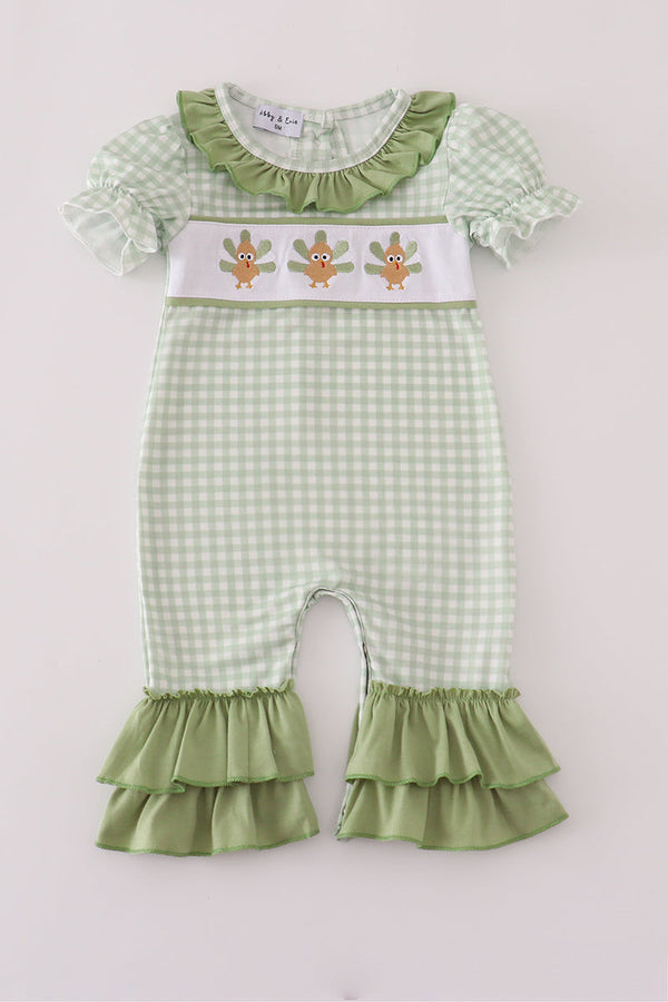 Sage turkey embroidery gingham ruffle romper
