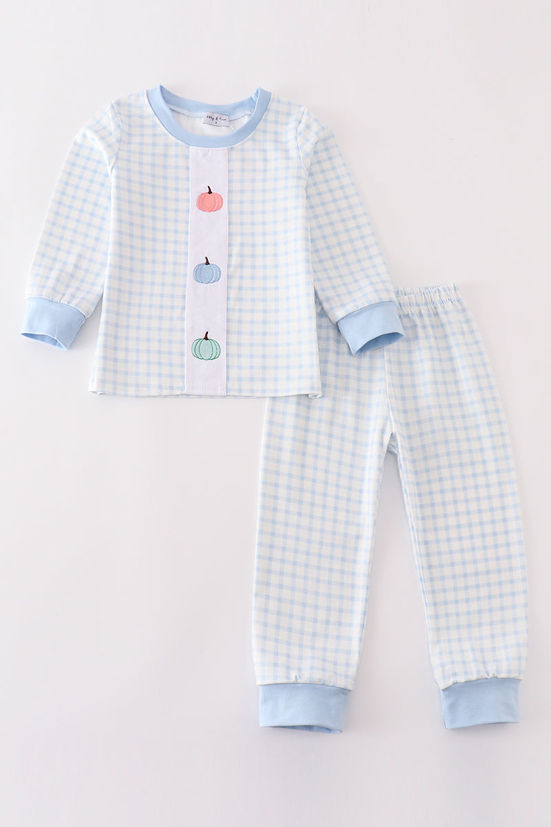 Blue pumpkin embroidery plaid boy set